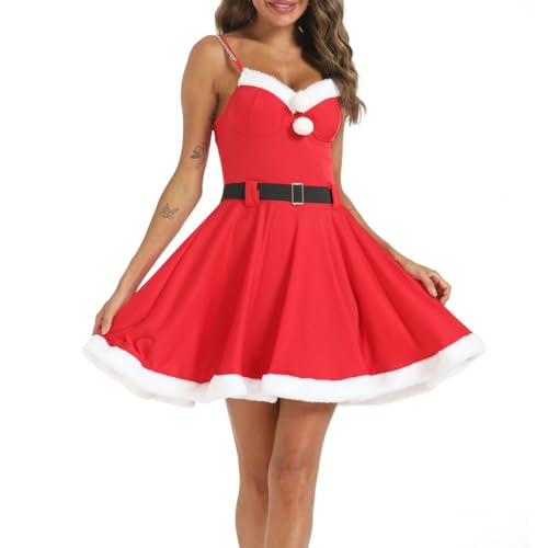 iEFiEL Weihnachten Party Kleider Damen Weihnachtsmann Kostüm Samtkleid Miss Santa Kostüm Ärmellos Weihnachtskleid Minkleid mit Mütze Rot M XL von iEFiEL