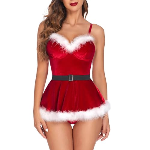 iEFiEL Weihnachten Party Kleider Damen Weihnachtsmann Kostüm Samtkleid Miss Santa Kostüm Ärmellos Weihnachtskleid Minkleid mit Mütze X Rot N M von iEFiEL