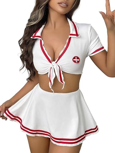 iEFiEL sexy Damen Krankenschwester Kostüm Rückenfrei Minikleid mit Haube Babydoll Dessous Uniform Kleid Halloween Cosplay Verkleidung Xa Weiß XL von iEFiEL
