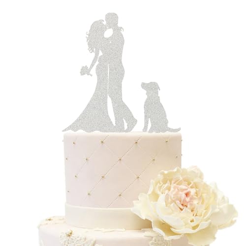 iEventStar Acryl Hochzeitstortenaufsatz für Braut und Bräutigam mit einem Hund Party Kuchen Dekoration (Paar mit 1 Hund, Glitzersilber) von iEventStar