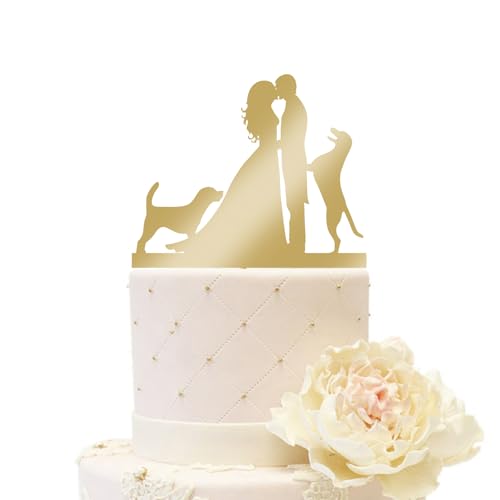 iEventStar Hochzeit Tortenaufsatz mit zwei Hunden Party Dekoration aus Acryl Silhouette Paar Kuchendekoration küssen (Paar mit 2 Hunden, Spiegelgold) von iEventStar