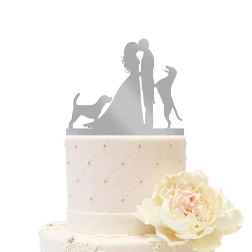 iEventStar Hochzeit Tortenaufsatz mit zwei Hunden Party Dekoration aus Acryl Silhouette Paar Kuchendekoration küssen (Paar mit 2 Hunden, Spiegelsilber) von iEventStar