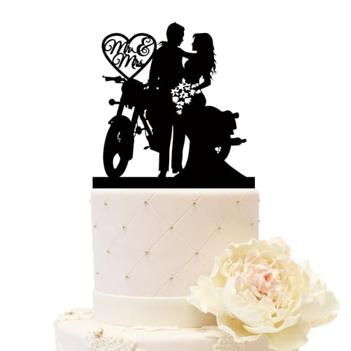 iEventStar Motorrad-Hochzeitstortenaufsatz, Motorrad, Braut und Bräutigam, Acryl, Silhouette, Jahrestag, Verlobung, Brautparty, Party-Dekoration (Paar mit Motorrad 3, schwarz) von iEventStar