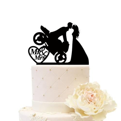 iEventStar Motorrad-Hochzeitstortenaufsatz, Motorrad, Braut und Bräutigam, Acryl, Silhouette, Jahrestag, Verlobung, Brautparty, Party-Dekoration (Paar mit Motorrad 5, Schwarz) von iEventStar
