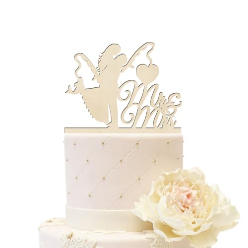 iEventStar Tortenaufsatz für Hochzeitstorte mit Angler, Brautpaar, personalisierbar, für Brautparty, Antrag, Jahrestag, Party, Tortenaufsatz, Dekoration (Fischpaar 1, Holz) von iEventStar