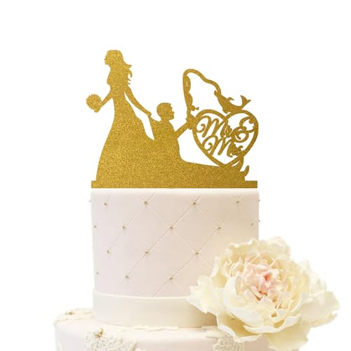 iEventStar Tortenaufsatz für Hochzeitstorte mit Angler, Brautpaar, personalisierbar, für Brautparty, Antrag, Jahrestag, Party, Tortenaufsatz, Dekoration (Fischpaar 2, glitzerndes Gold) von iEventStar