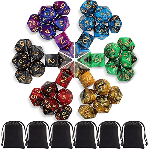 iFergoo Polyedrische Würfel Set, 6 x 7 (42 Stück) FarbSpielwürfel mit 6 Schwarze Kordelzugbeutel für Dungeons and Dragons DND RPG MTG Tischspiele，6 Set von D4 D6 D8 D10 D% D12 D20 von iFergoo
