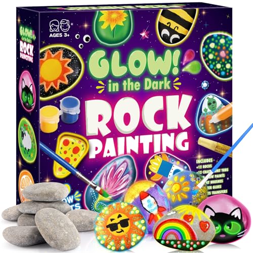 Steine zum Bemalen, Bastelset Kinder ab 5 6 7 8 9 10 Jahre Geschenk Mädchen 6-12 Jahren Basteln Mädchen 6-9 Jahre Halloween Geschenk 12 Stück Steine Bemalen Set mit 20 Farben(Farbe Leuchtet Im Dunkel) von iKidiki
