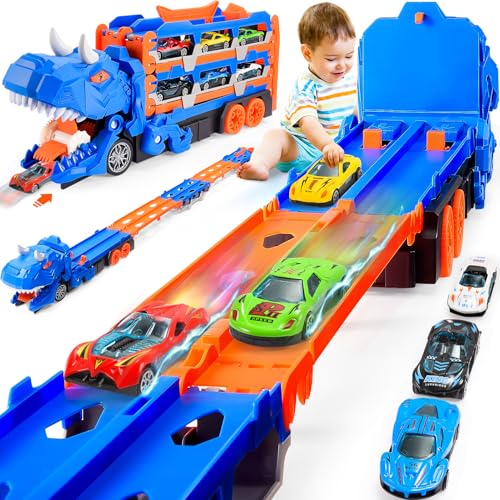 iKidiki Spielzeug ab 2 3 4 Jahre Junge, Dinosaurier Spielzeug Transporter Auto Geschenk Junge 2 3 4 Jahre LKW Kinderspielzeug, 150cm Tragbare Dinosaurier Rennbahn Spielzeugauto mit 6 Rennauto von iKidiki