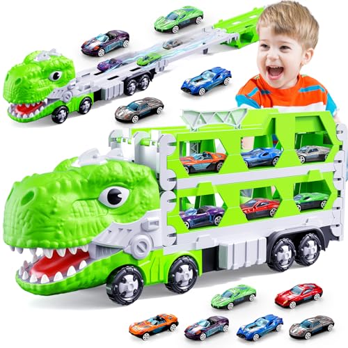 iKidiki Dinosaurier Spielzeug ab 2 3 4 Jahre, Kinderspielzeug ab 2 3 4 Jahre Auto Spielzeug Geschenk Junge 2-4 Jahre LKW Spielzeugautos Transport Truck Rennbahn Kinderspielzeug mit 6 Rennauto von iKidiki