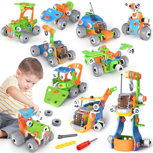iKidiki Konstruktionsspielzeug ab 5 6 7 8 9 10 11 12 Jahre, Baukasten ab 5 6 7 8 9 Jahre Geschenk 5-10 Jahre Junge Mädchen Baustellenfahrzeuge Kinder Geburtstagsgeschenk 10 in1 STEM Lernspielzeug von iKidiki