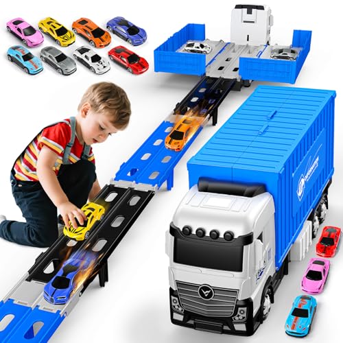 iKidiki Transporter Cars Spielzeug ab 2 3 4 5 6 Jahre Junge, Kinderspielzeug ab 2 3 4 5 6 Jahre LKW Spielzeug Geschenk Junge 2-6 Jahre, 156cm Rennbahn Truck Spielzeugauto mit 8 Rennautos von iKidiki