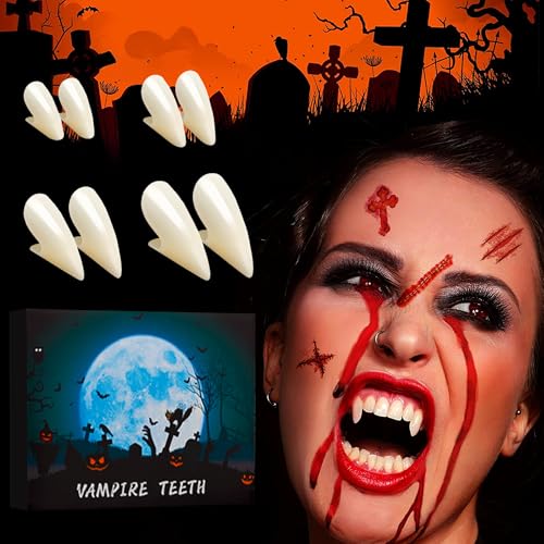 Vampirzähne Set für Halloween & Cosplay – Fake Zähne mit Kleber und Narben Tattoos (Mit Blut) von iLuane