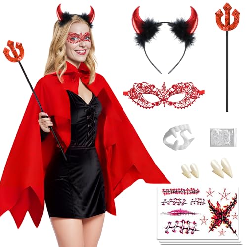 iLuane Teufel Kostüm Damen, Faschingskostüme Frauen Damen Teufel, 150 cm Teufel Umhang Damen, mit 1x Teufelswinkel, für Karneval Masquerade, Halloween, Cosplay iLuane Teufel Kostüm Damen, Faschingskostüme Frauen Damen Teufel, 150 cm Teufel Umhang Damen, mit 1x Teufelswinkel, für Karneval Masquerade, Halloween, Cosplay von iLuane