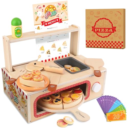 iLuckinSpri Holz-Pizza-Spielzeugset für Kinder, 68-teiliges Montessori-Rollenspiel-Lebensmittelspielzeug, Holz-Pizza-Theke-Spielset mit Backofen und Spielzeuggeschirr, fördert die Fantasie von iLuckinSpri