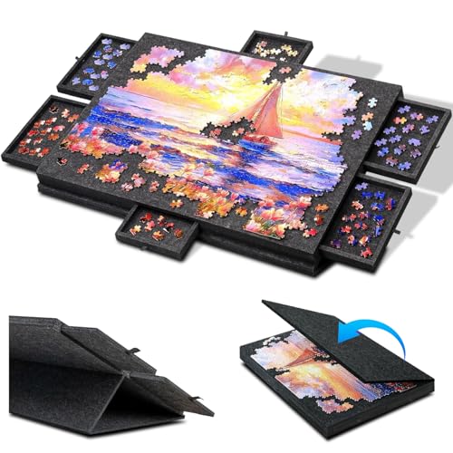 1000-teiliges Puzzlebrett faltbar, neigbares Puzzlebrett mit 6 Schubladen, tragbarer 2-in-1-Ständer und Abdeckung, Puzzlebrett für Erwachsene und Kinder, Puzzletisch neigbar (schwarz) von iPalamila