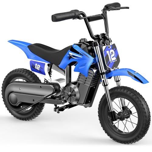 Elektro Motorrad Kinder, Elektromotorrad mit 36V 5.2Ah Batterie, 8/13/25 KMH Geschwindigkeitsmodus, 22 km Reichweite, 12 Zoll Luftreifen, LED, doppelte Stoßdämpfung, Motorrad für 3–10-Jährige von iScooter