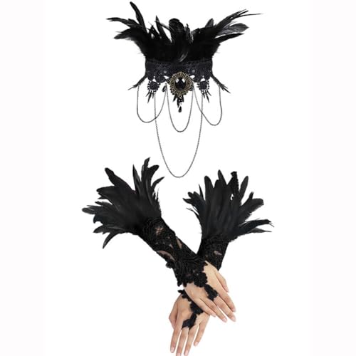 iSpchen Damen Feder Manschetten Armbänder Halskette Set Halloween Kostüm 1920er Zubehör Flapper Handschuhe Spitze Federhandzubehör Party Maskerade von iSpchen