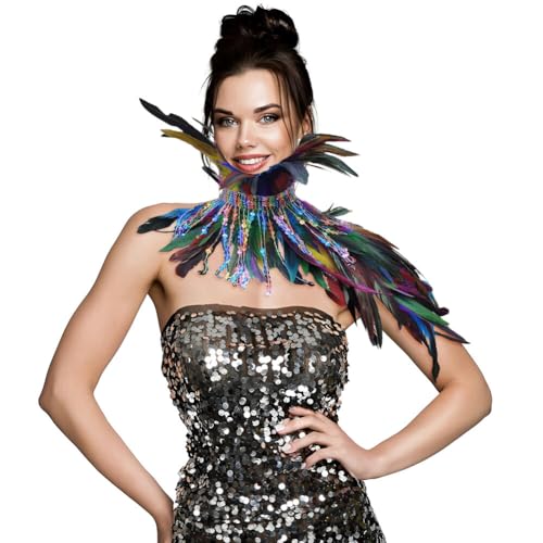 iSpchen Feder Poncho Kragen Paillettenquaste Gothic Federkragen verstellbare Federkette Achselzucken Schalkragen Federumhang für Foto Requisite Party Kleidung,Bunt von iSpchen