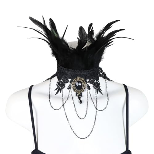 iSpchen Gothic Federkragen Halsband Natürlichen Federboa Kragen Halloween Schal Cape Party Kostüm Damen 1920er Flapper Spitze Halskette Federhandzubehör Party Maskerade von iSpchen