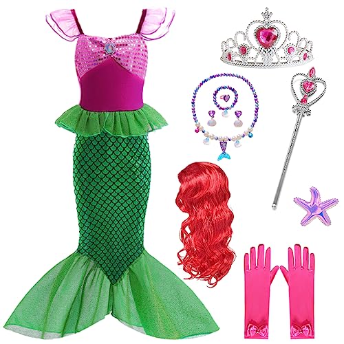 iTVTi Meerjungfrauenkostüm für kleine Mädchen, Ariel-Prinzessin-Kostüm mit Zubehör, Perücke, Geburtstagsparty, Halloween, Cosplay, Grün, 7-8 Jahre (Etikett 150) von iTVTi