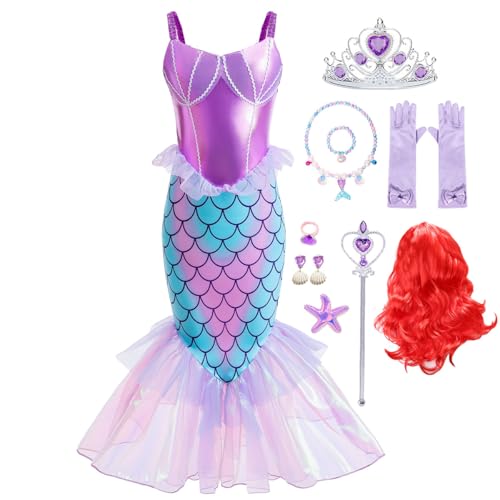 iTVTi Meerjungfrauenkostüm für kleine Mädchen, Arielle, Prinzessin, mit Zubehör, Perücke, Geburtstagsparty, Halloween, Cosplay, Violett, 3–4 Jahre (Etikett 110) von iTVTi