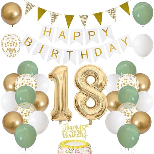 18. Geburtstag Dekoration Salbeigrüne, Grün Gold Luftballon Deko 18. Geburtstag mit Zahl 18 Folienballon, Happy Birthday Banner, Tortendeko für 18. Happy Birthday Deko Junge Mädchen 18. Geburtstag Dekoration Salbeigrüne, Grün Gold Luftballon Deko 18. Geburtstag mit Zahl 18 Folienballon, Happy Birthday Banner, Tortendeko für 18. Happy Birthday Deko Junge Mädchen von iWheat