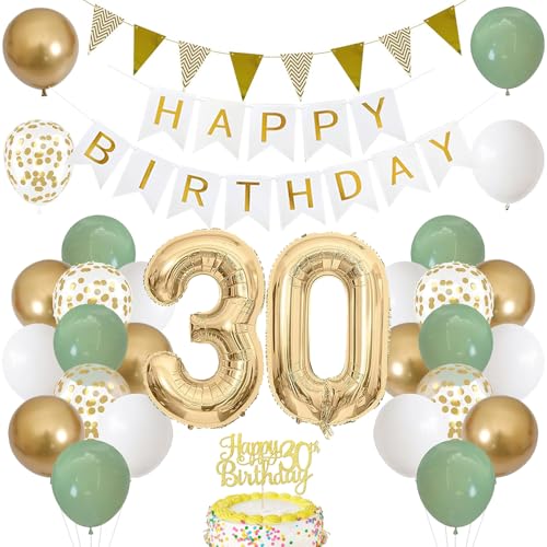 30. Geburtstag Dekoration Salbeigrüne, Grün Gold Luftballon Deko 30. Geburtstag mit Zahl 30 Folienballon, Happy Birthday Banner, Tortendeko für 30. Happy Birthday Deko Frau Mann von iWheat
