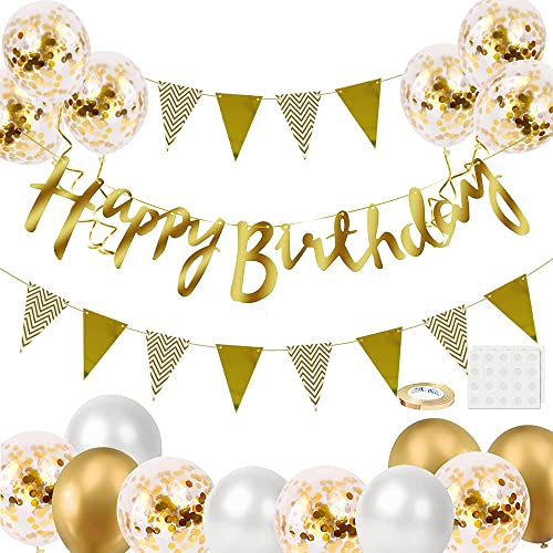 Geburtstag Dekoration Set, Weiß Gold Luftballons Geburtstagsdeko, Party Deko Geburtstag Set mit Happy Birthday Banner Girlande Luftballons Konfetti Ballons Dreiecksflaggen für Geburtstag Deko Supplies von iWheat