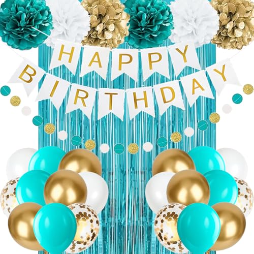Geburtstagsdeko Blaugrün Blue, Kindergeburtstag Deko Mädchen Junge, Geburtstag Party Deko Teal Blue Gold Luftballons, Happy Birthday Banner, Pompons für Männer Frauen Geburtstag Party Dekoration Geburtstagsdeko Blaugrün Blue, Kindergeburtstag Deko Mädchen Junge, Geburtstag Party Deko Teal Blue Gold Luftballons, Happy Birthday Banner, Pompons für Männer Frauen Geburtstag Party Dekoration von iWheat