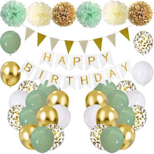 Geburtstagsdeko Grün Gold, Kindergeburtstag Deko Mädchen Junge, Geburtstag Party Deko Avocado Grüne Gold Luftballons, Happy Birthday Banner, Pompons für Männer Frauen 18-60.Geburtstag Party Dekoration von iWheat