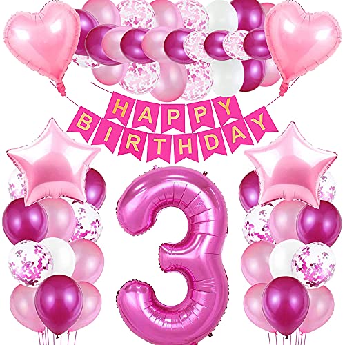 iWheat Luftballon 3. Geburtstag Rosa - Deko für 3 Jahre Mädchen Mit Riesen Folienballon, Folienzahlen Ballons und Banner von iWheat