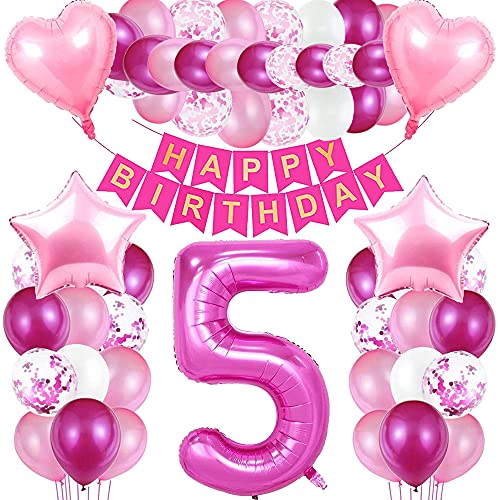 iWheat Luftballon 5 Geburtstag Rosa, Deko für Mädchen, Riesen Folienballon, Banner, Folienzahlen Ballons von iWheat