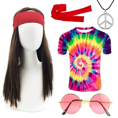 iZoeL 70er Kostüme 5tgl. Hippie T-Shirt Perücke Brille Peace Halskette Stirnband - Herren Damen 70er Jahre Bekleidung Karneval Fasching Fastnacht von iZoeL