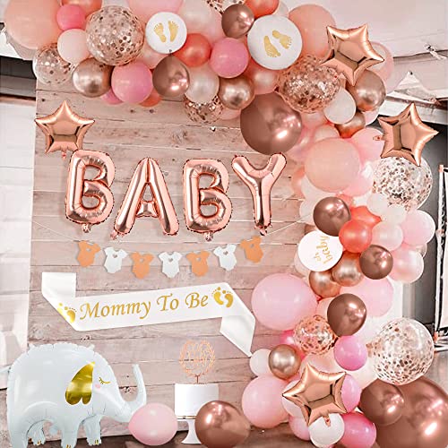 iZoeL Babyparty Deko Mädchen, Babyshower Mädchen Deko, Baby Party Tortendeko, BABY Girlande Ballons, Mommy to Be Schärpe, Babyshowerparty, Baby Gender Reveal Party Rosa Rosegold von iZoeL