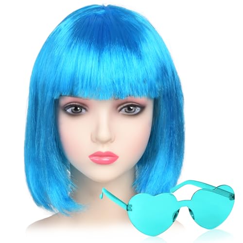 iZoeL Bob Perücke Kurze Bob wig Damen Hellblau Haar Perücken Gerade mit Flach Pony 80er 70er Jahre Perücke Brille Karneval Fasching Cosplay Perücke iZoeL Bob Perücke Kurze Bob wig Damen Hellblau Haar Perücken Gerade mit Flach Pony 80er 70er Jahre Perücke Brille Karneval Fasching Cosplay Perücke von iZoeL