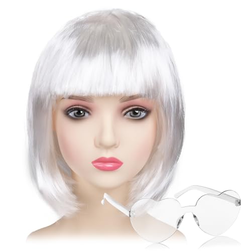 iZoeL Bob Perücke Kurze Bob wig Damen weiß Haar Perücken Gerade mit Flach Pony 80er 70er Jahre Perücke Brille Karneval Fasching Cosplay Perücke iZoeL Bob Perücke Kurze Bob wig Damen weiß Haar Perücken Gerade mit Flach Pony 80er 70er Jahre Perücke Brille Karneval Fasching Cosplay Perücke von iZoeL
