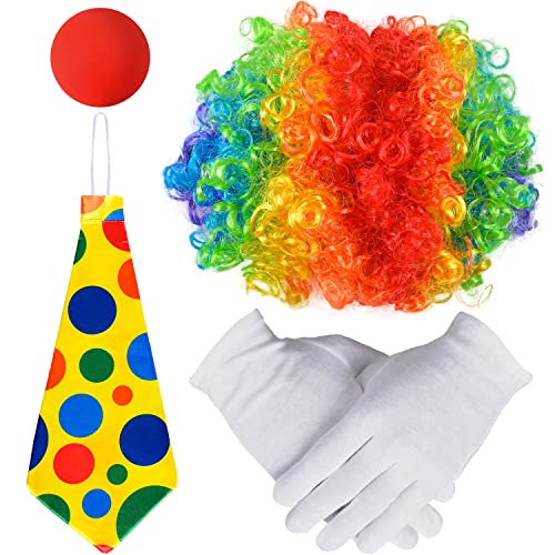 iZoeL Clown Kostüm Accessoire, Clown Lockenperücke + Clownsnase + Bunte Krawatte + Handschuhe, Fasching Karneval Kostüme für Kinder Damen Herren von iZoeL