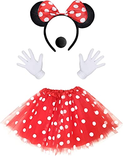 iZoeL Damen Maus Mouse Kostüm Rot Tutu mit weiß Gepunktet + Haarreifen mit Maus Ohren + Handschuhe + Nase für Fasching Karneval Motto Cosplay Party von iZoeL
