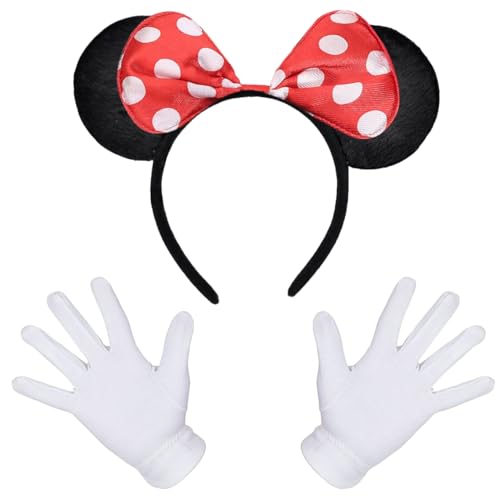 iZoeL Damen Maus Mouse kostüm Haarreif mit Maus Ohren Rote Schleife und Schwarz + weiße Handschuhe + Nase,Damen Mädchen Faschingkostüme Halloween Karneval Mottoparty Cosplay Party von iZoeL