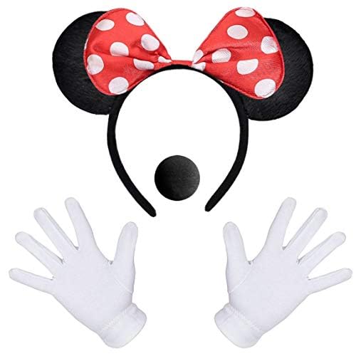 iZoeL Damen Maus Mouse kostüm Haarreif mit Maus Ohren Rote Schleife und Schwarz + weiße Handschuhe + Nase,Damen Mädchen Faschingkostüme Karneval Mottoparty Cosplay Party von iZoeL