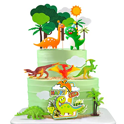iZoeL Dino Tortendeko Dinosaurier Geburtstag Kuchendeko Happy Birthday Girlande 3D Dino Figuren Bäume Wolke Cake Cupcake Topper für Junge Mädchen Kinder von iZoeL