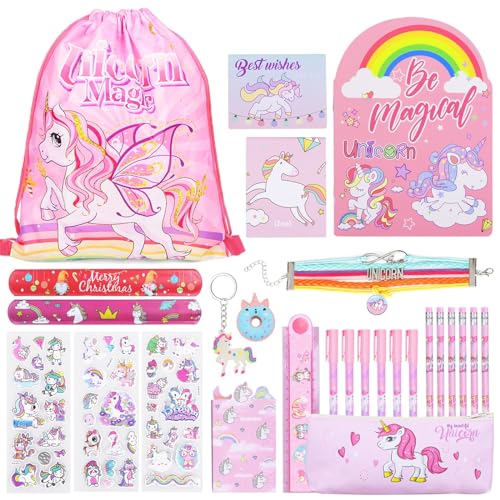 iZoeL Einhorn Schreibwaren für Mädchen Kinder, Federmäppchen Einhorn Haftnotizen Stift Notizbuch Armband Rucksack Schreibwarenset, Weihnachten Geburtstag Geschenk für Mädchen 5 6 7 8 9 10 11 Jahre von iZoeL