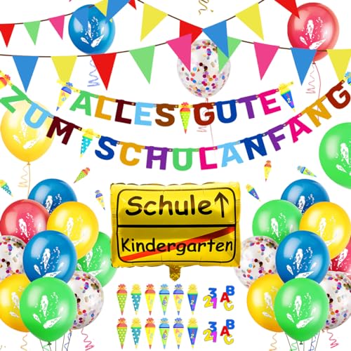 iZoeL Einschulung Deko Jungen Mädchen, Einschulung Girlande Alles Gute Zum Schulanfang + 40m Wimpelkette + Schulanfang Luftballon + Einschulung Konfetti + Folienballon Schuleinführung deko von iZoeL