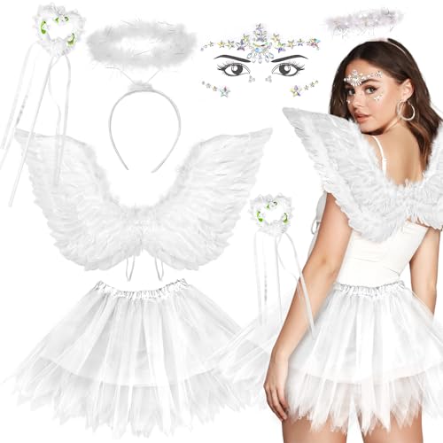 iZoeL Engel Kostüm Damen Mädchen, Engelsflügel Tutu Rock Engel Haarreif mit Heiligenschein Zauberstab Karneval Kostüm Accessorie, Damen Mädchen kostüm Karneval Fasching Cosplay Halloween Party von iZoeL