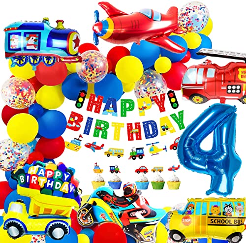 iZoeL Geburtstagsdeko Jungen 4 Jahr Folienballon Kindergeburtstag Deko Feuerwehrfahrzeuge Truck Happy Birthday Banner Girlande Cars Motorrad Luftballons Tortendeko 32pcs Ballons Kindergeburtstag Party von iZoeL
