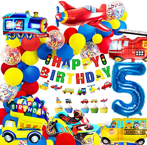 iZoeL Geburtstagsdeko Jungen 5 Jahr Folienballon Kindergeburtstag Deko Feuerwehrfahrzeuge Truck Happy Birthday Banner Girlande Cars Motorrad Luftballons Tortendeko 32pcs Ballons Kindergeburtstag Party von iZoeL