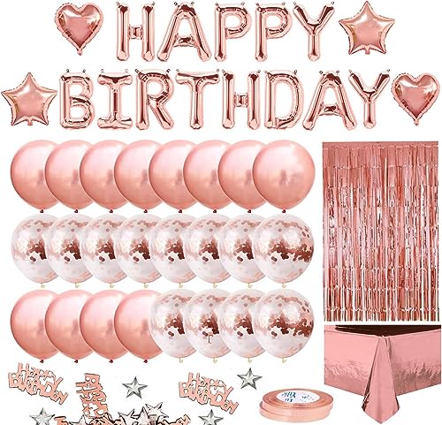 iZoeL Geburtstag Deko Rosegold Geburtstagsdeko Frauen Mädchen Happy Birthday Girlande Konfetti Luftballon Rosagold Partydeko Tischdeko Vorhang Tischdecke von iZoeL