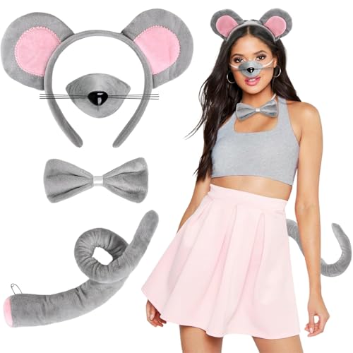 iZoeL Halloween Mauskostüm Damen Frauen, Maus Ohren Haarreif Maus Nase Schwanz Fliege Tier Kostüm Accessorie, Halloween Karneval Mottoparty Damen Frauen Kostüm von iZoeL