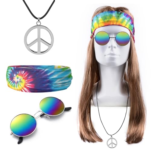 iZoeL Hippie Kostüm Damen Herren, Hippie Perücke Sonnenbrille Peace Halskette Anhänger Batik Stirnband Accessories, Herren Damen Fasching Kostüm 80er 90er Mottoparty Halloween Fasching Karneval iZoeL Hippie Kostüm Damen Herren, Hippie Perücke Sonnenbrille Peace Halskette Anhänger Batik Stirnband Accessories, Herren Damen Fasching Kostüm 80er 90er Mottoparty Halloween Fasching Karneval von iZoeL